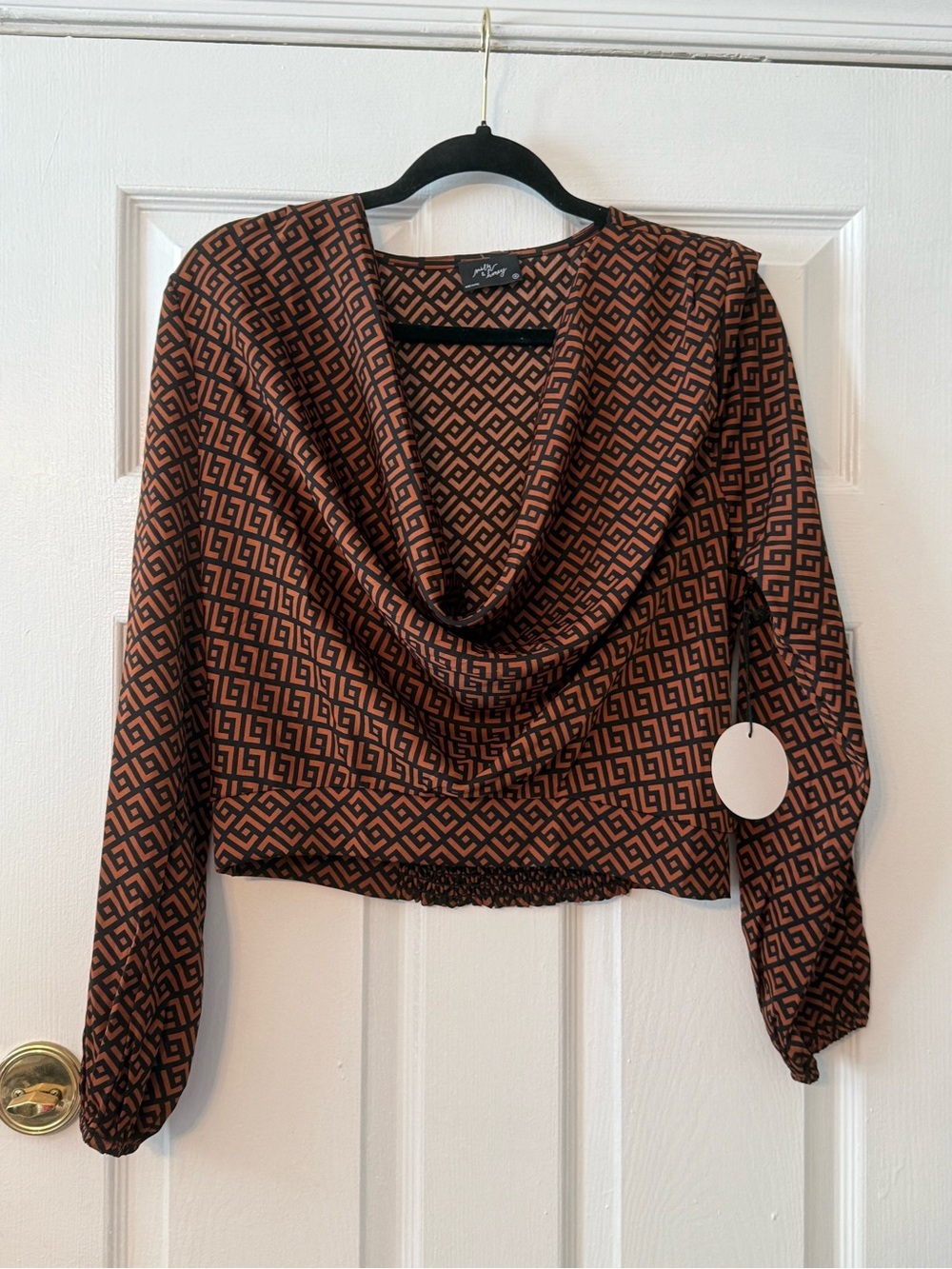 Milk & Honey Geometric Print Rust Cowl Neck Women's Blouse